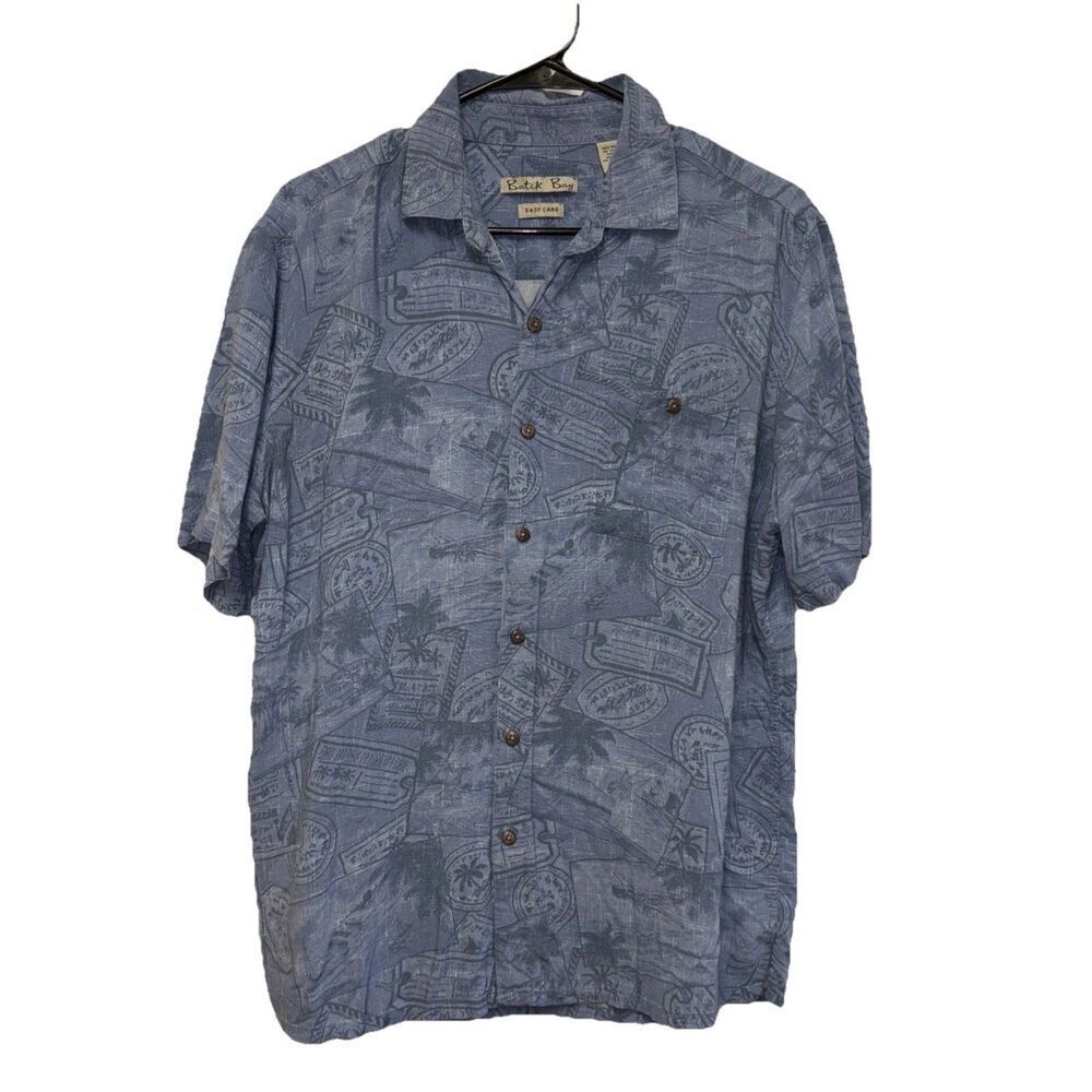 BATIK BAY Men Short Sleeve Button Up Shirt L Rayon Blue Pocket Easy Care Print